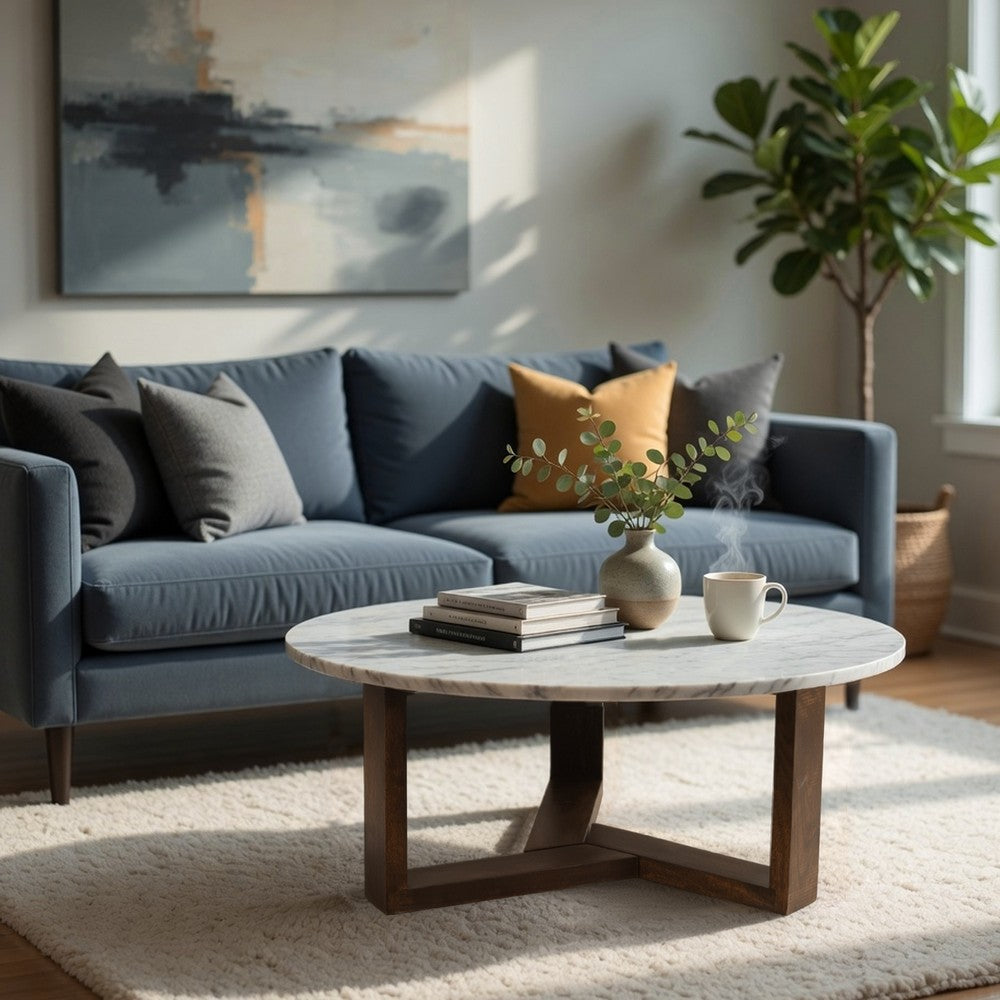 The Urban Port Fina 38 Inch Round Coffee Table, White Genuine Marble Top, Natural Brown Mango Wood 3 Leg Sled Base