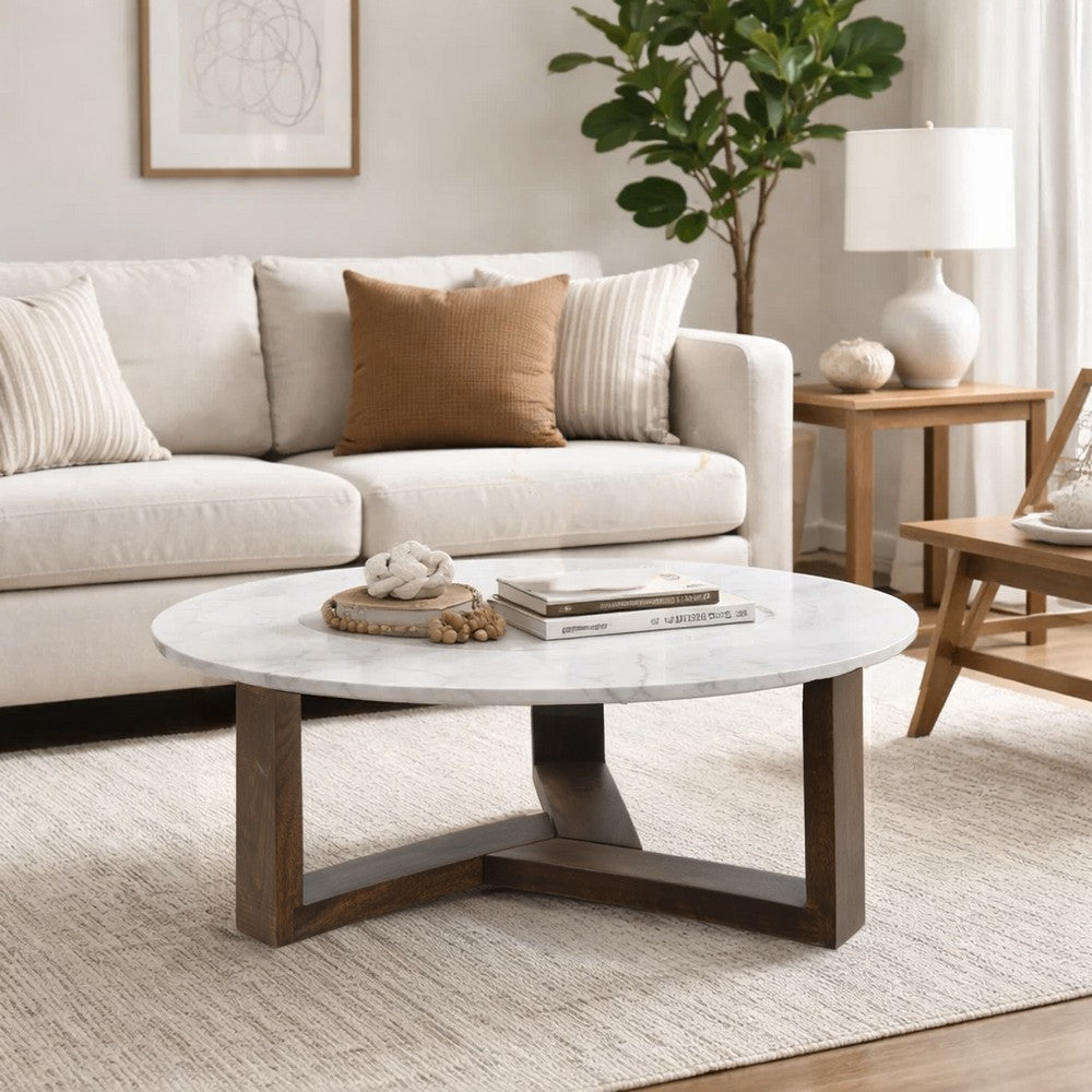 The Urban Port Fina 38 Inch Round Coffee Table, White Genuine Marble Top, Natural Brown Mango Wood 3 Leg Sled Base