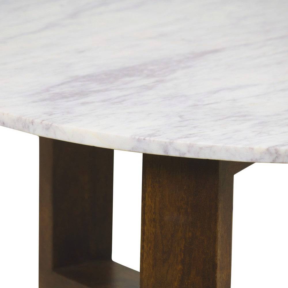 The Urban Port Fina 38 Inch Round Coffee Table, White Genuine Marble Top, Natural Brown Mango Wood 3 Leg Sled Base