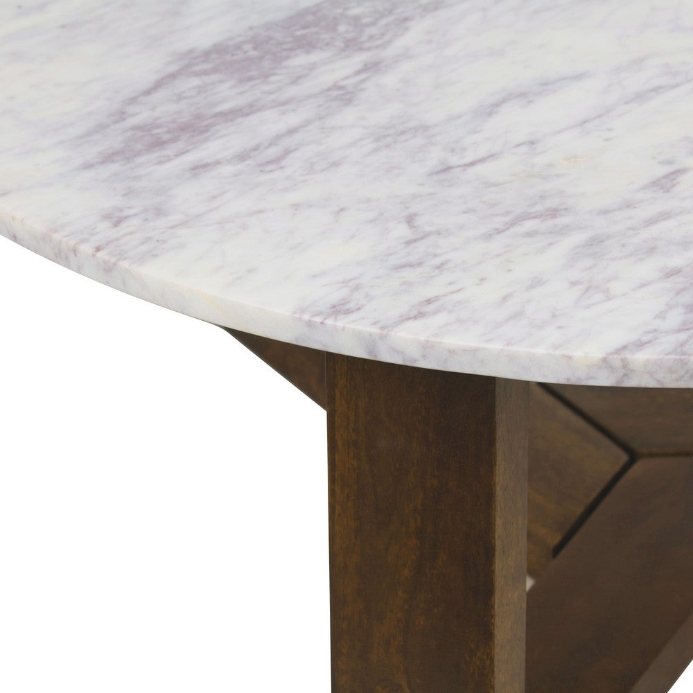 The Urban Port Fina 38 Inch Round Coffee Table, White Genuine Marble Top, Natural Brown Mango Wood 3 Leg Sled Base