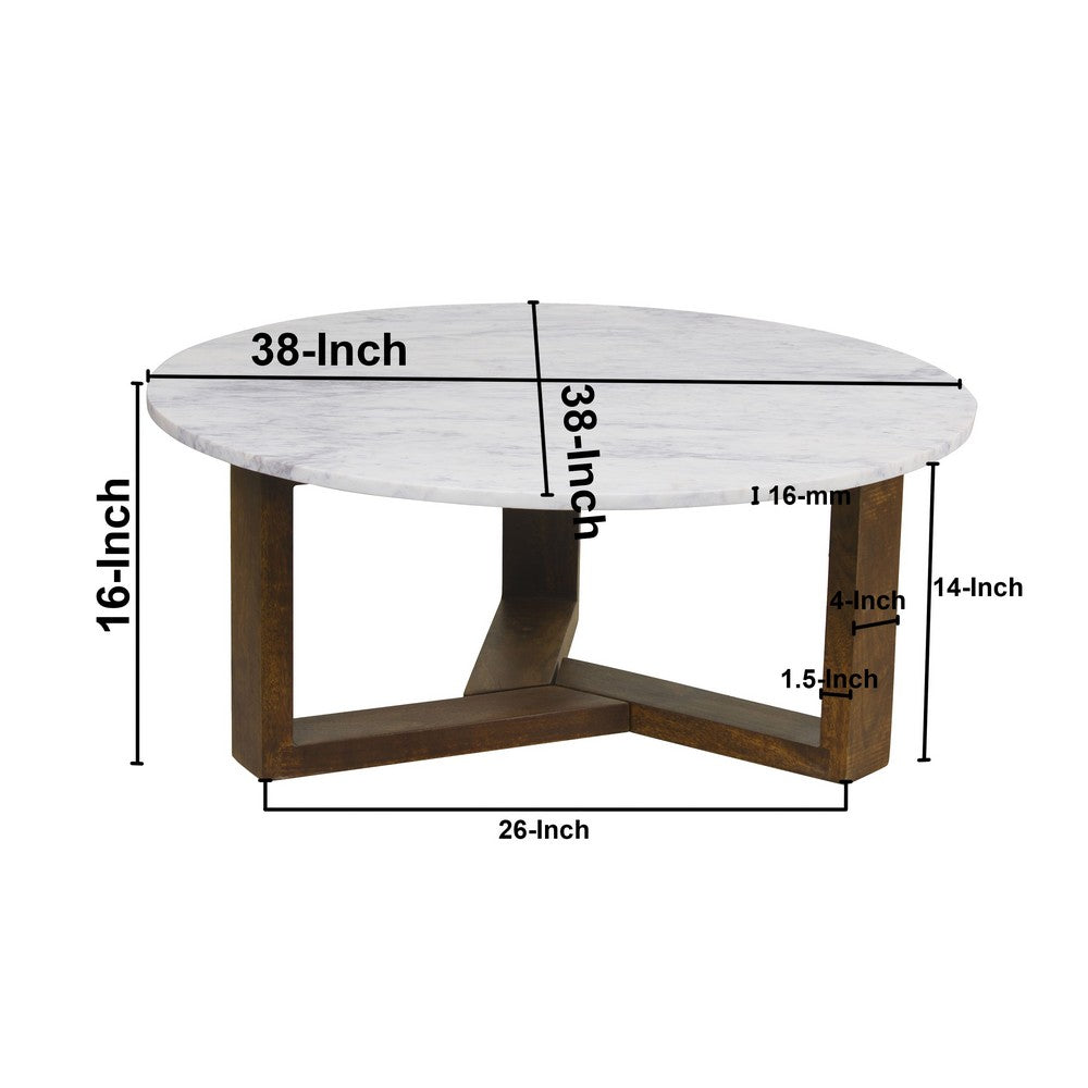 The Urban Port Fina 38 Inch Round Coffee Table, White Genuine Marble Top, Natural Brown Mango Wood 3 Leg Sled Base
