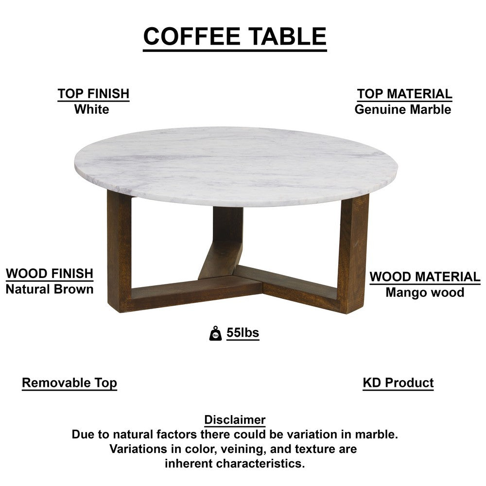 The Urban Port Fina 38 Inch Round Coffee Table, White Genuine Marble Top, Natural Brown Mango Wood 3 Leg Sled Base