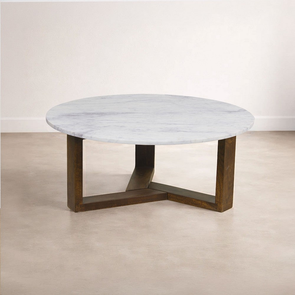 The Urban Port Fina 38 Inch Round Coffee Table, White Genuine Marble Top, Natural Brown Mango Wood 3 Leg Sled Base