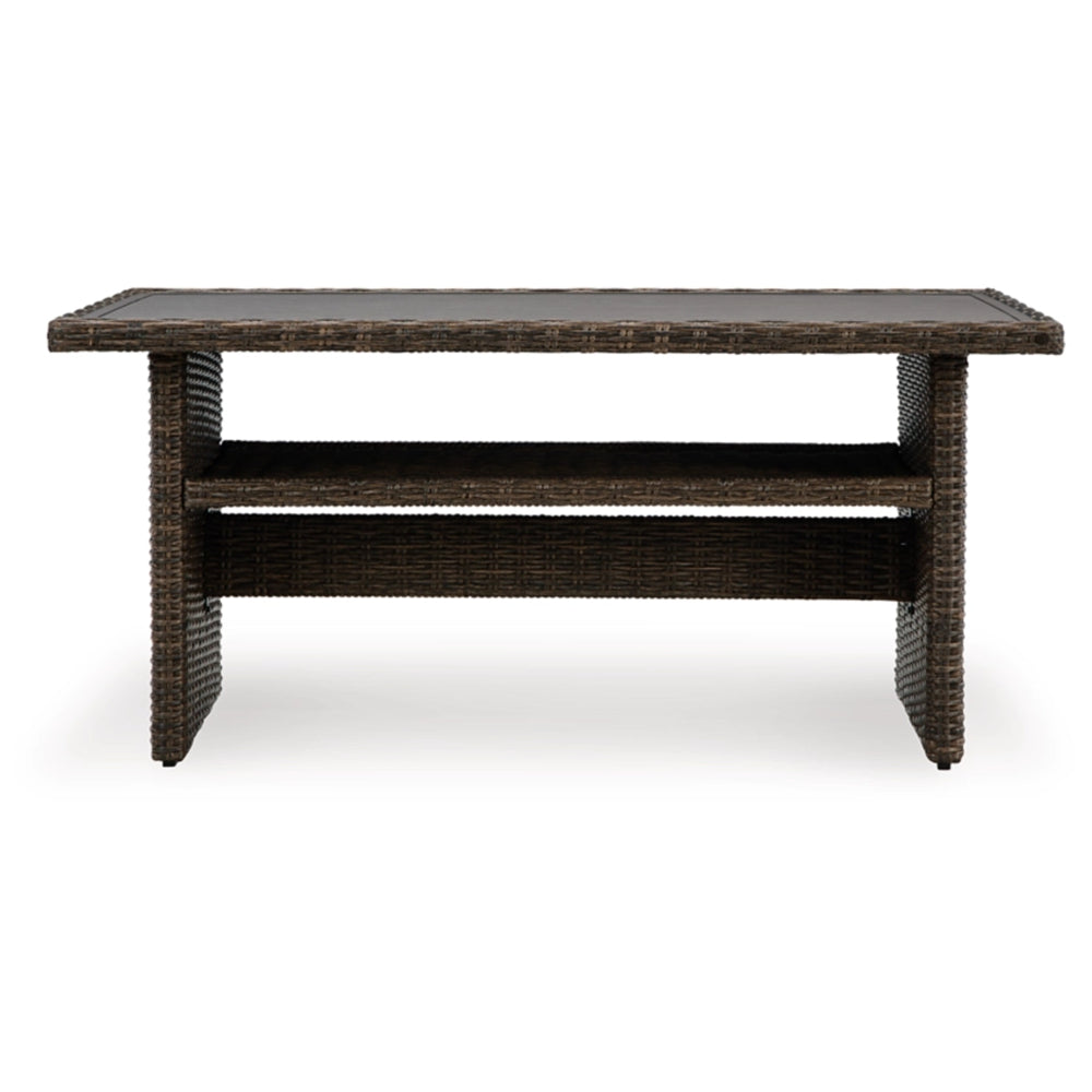 Benjara Soha 59 Inch Outdoor Multi Use Dining Table, Resin Wicker with Shelf, Brown