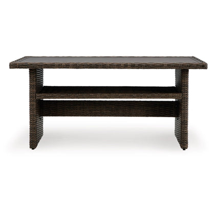 Benjara Soha 59 Inch Outdoor Multi Use Dining Table, Resin Wicker with Shelf, Brown