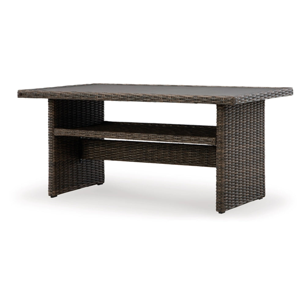 Benjara Soha 59 Inch Outdoor Multi Use Dining Table, Resin Wicker with Shelf, Brown