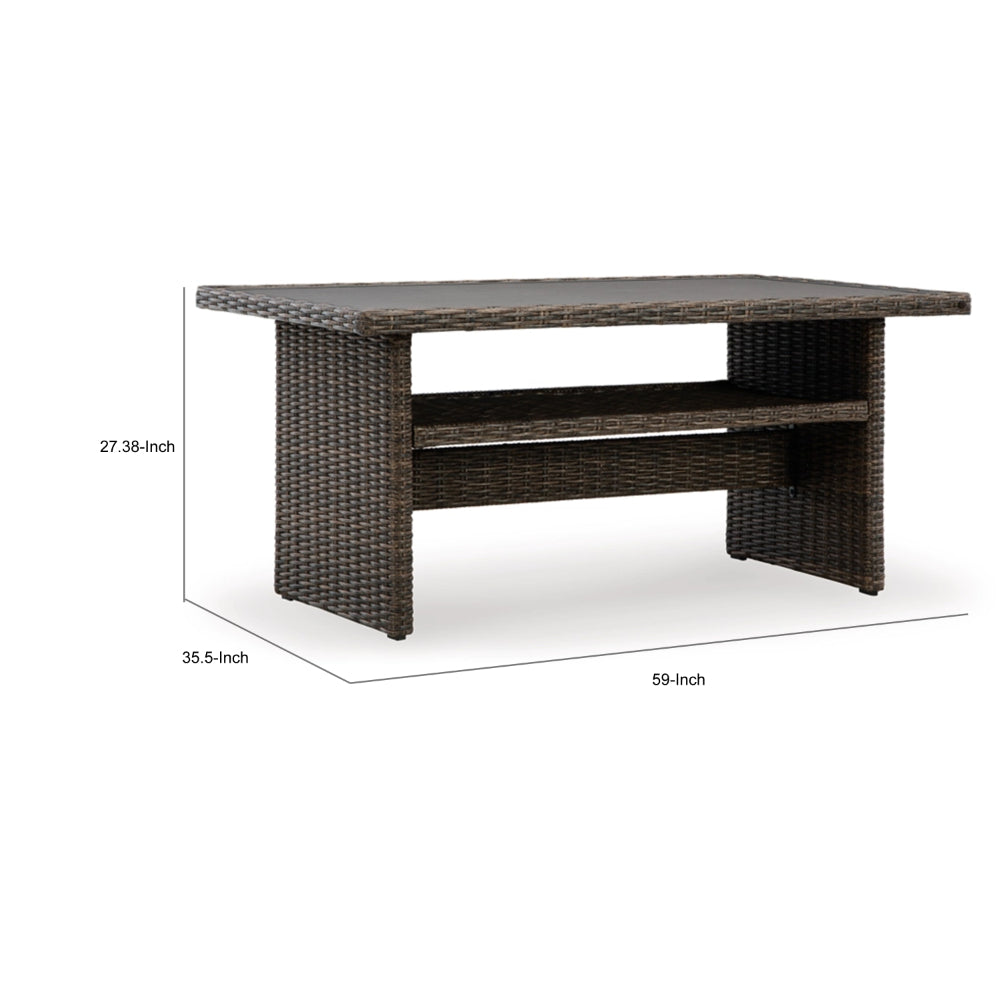 Benjara Soha 59 Inch Outdoor Multi Use Dining Table, Resin Wicker with Shelf, Brown