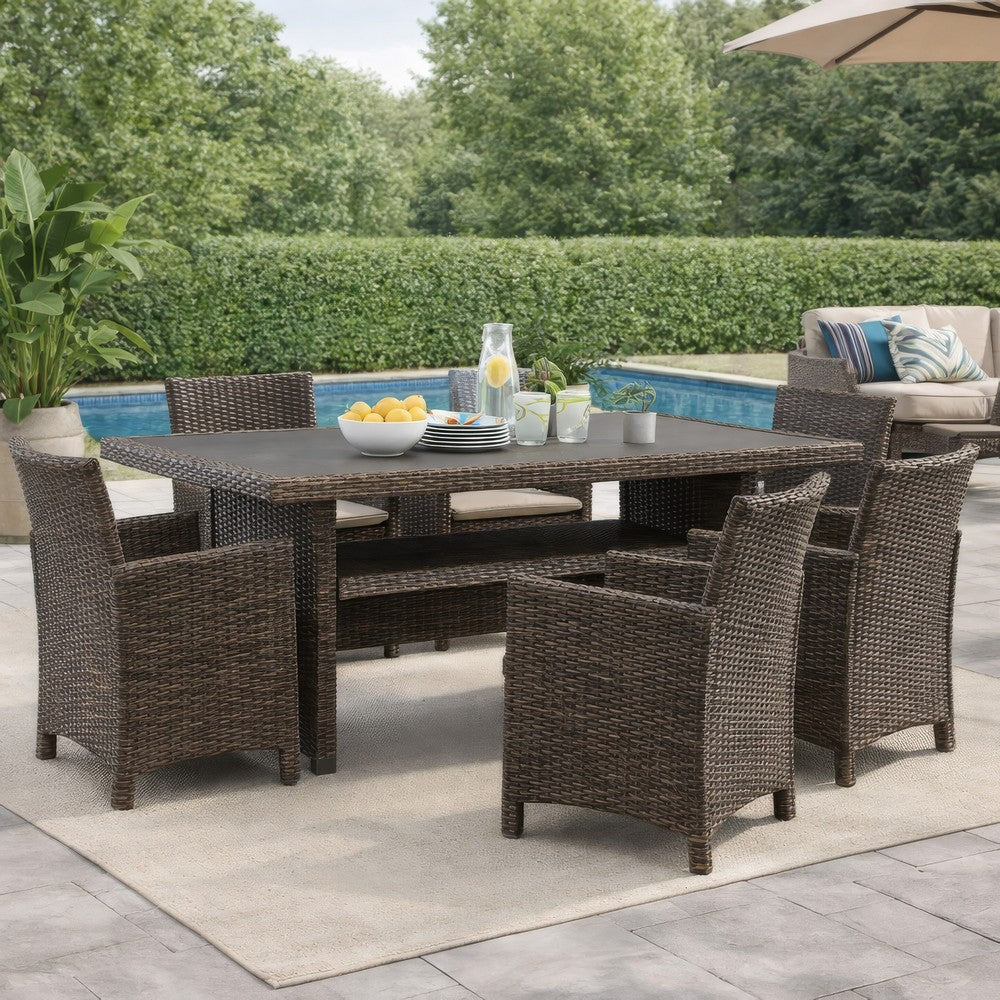 Benjara Soha 59 Inch Outdoor Multi Use Dining Table, Resin Wicker with Shelf, Brown