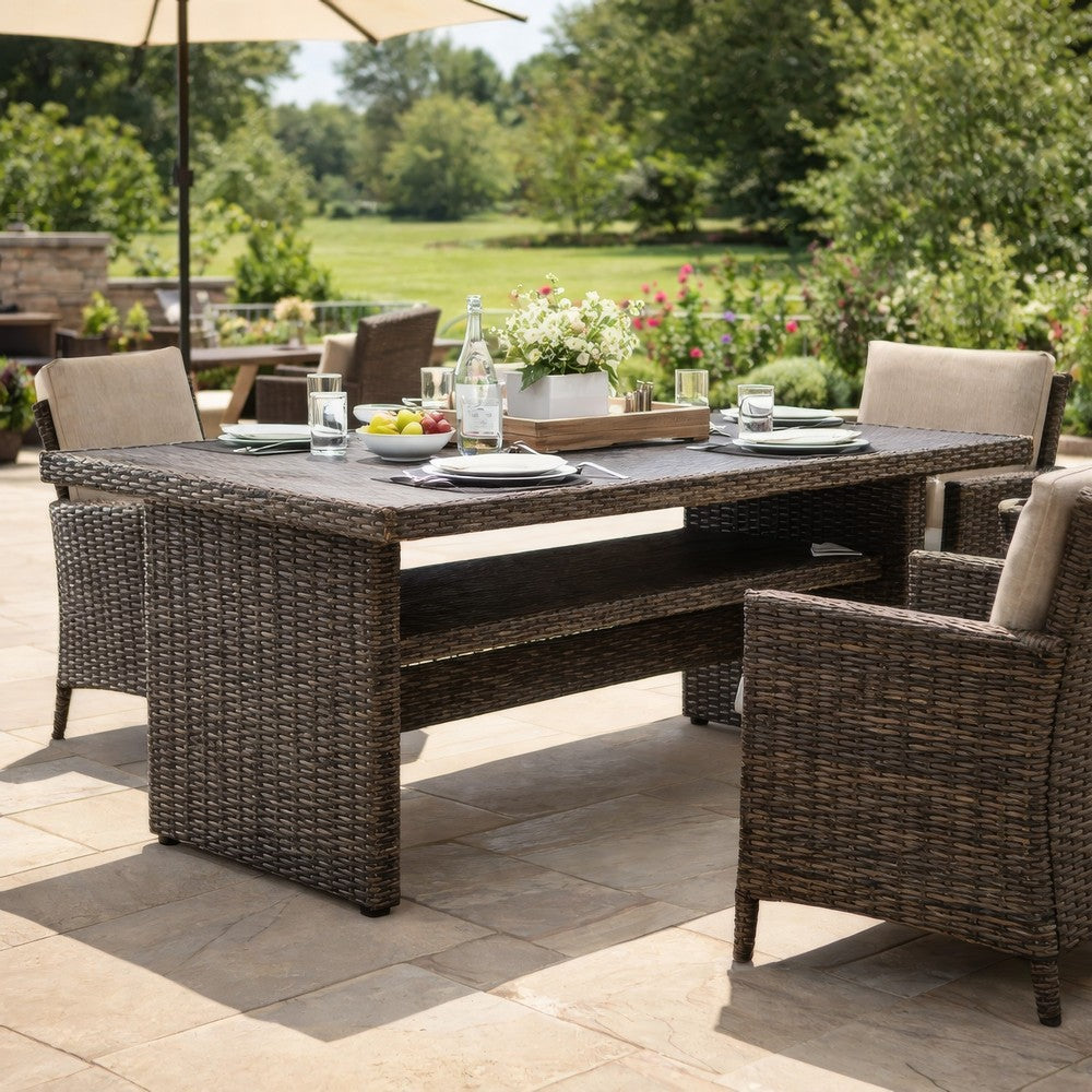 Benjara Soha 59 Inch Outdoor Multi Use Dining Table, Resin Wicker with Shelf, Brown