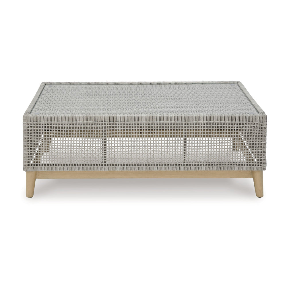 Benjara Yami 50 Inch Outdoor Coffee Table, Resin Wicker, Tempered Glass Top, Gray