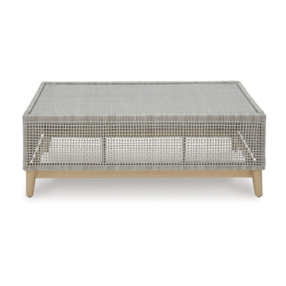 Benjara Yami 50 Inch Outdoor Coffee Table, Resin Wicker, Tempered Glass Top, Gray