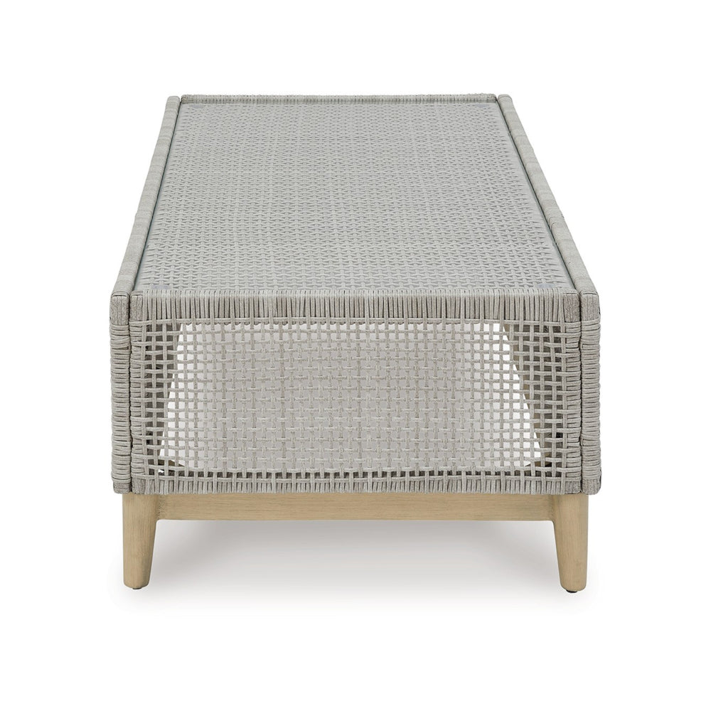Benjara Yami 50 Inch Outdoor Coffee Table, Resin Wicker, Tempered Glass Top, Gray