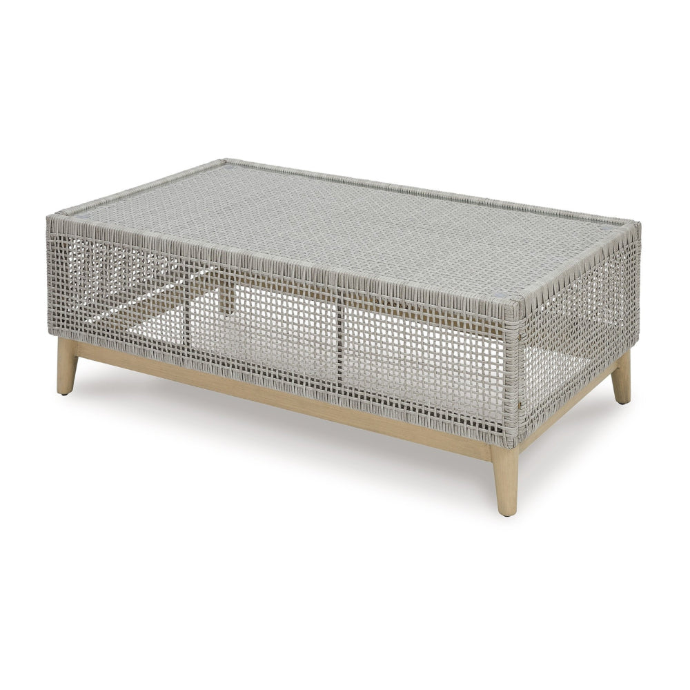 Benjara Yami 50 Inch Outdoor Coffee Table, Resin Wicker, Tempered Glass Top, Gray