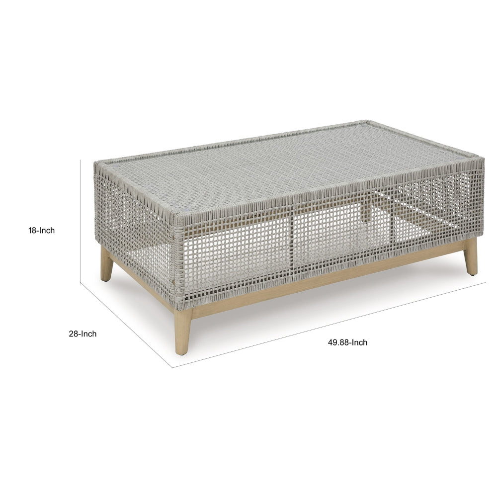 Benjara Yami 50 Inch Outdoor Coffee Table, Resin Wicker, Tempered Glass Top, Gray