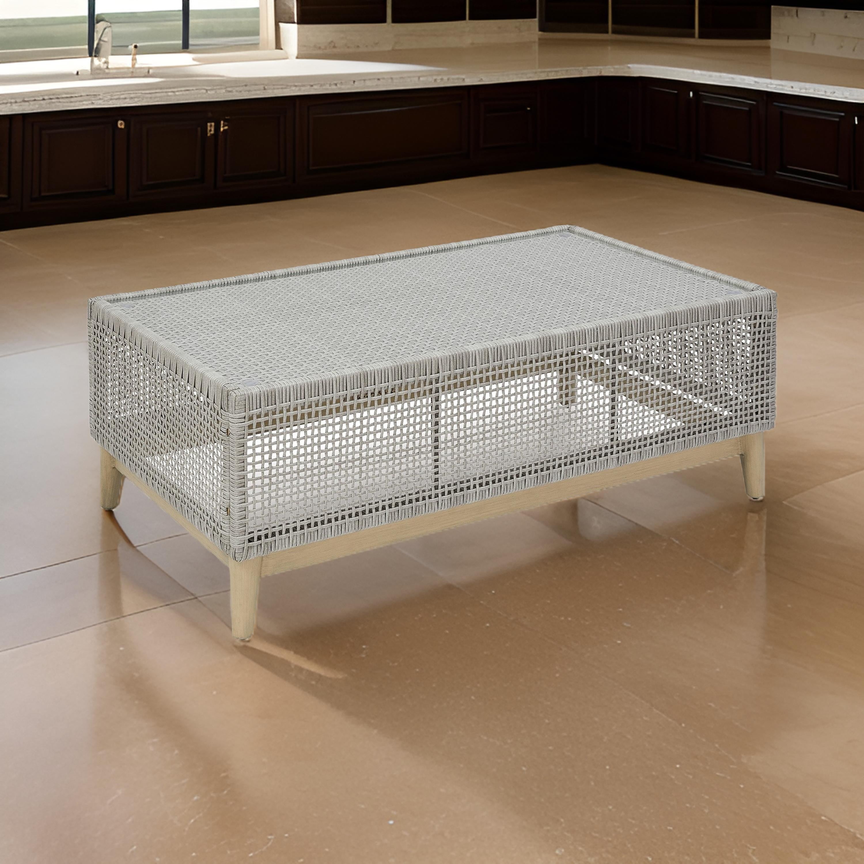 Benjara Yami 50 Inch Outdoor Coffee Table, Resin Wicker, Tempered Glass Top, Gray