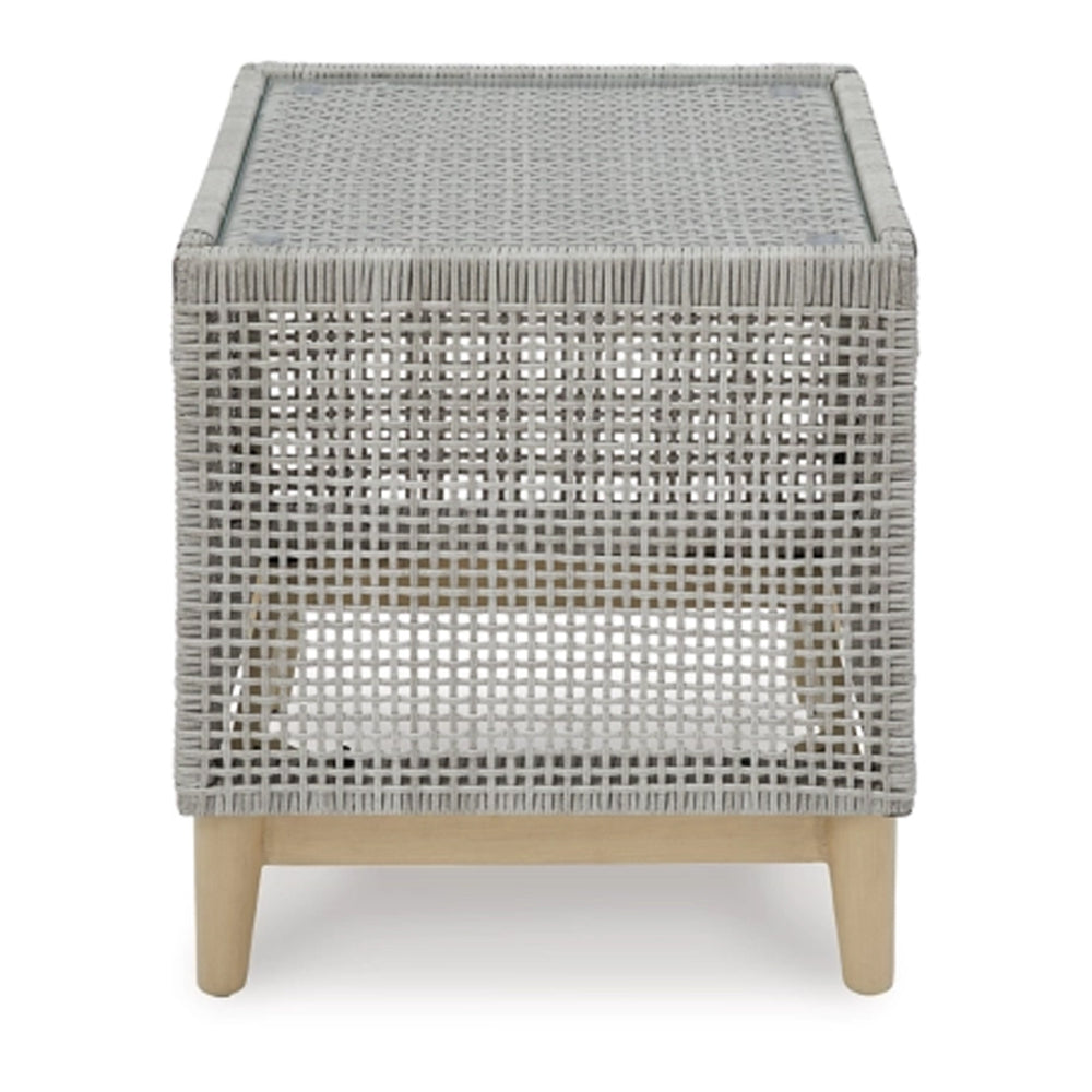 Benjara Yami 23 Inch Outdoor Side End Table, Resin Wicker, Tempered Glass Top, Gray
