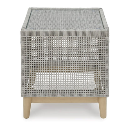 Benjara Yami 23 Inch Outdoor Side End Table, Resin Wicker, Tempered Glass Top, Gray