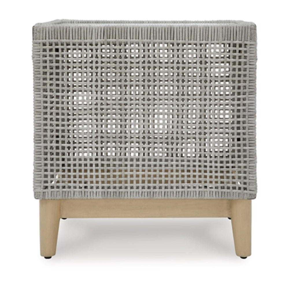 Benjara Yami 23 Inch Outdoor Side End Table, Resin Wicker, Tempered Glass Top, Gray