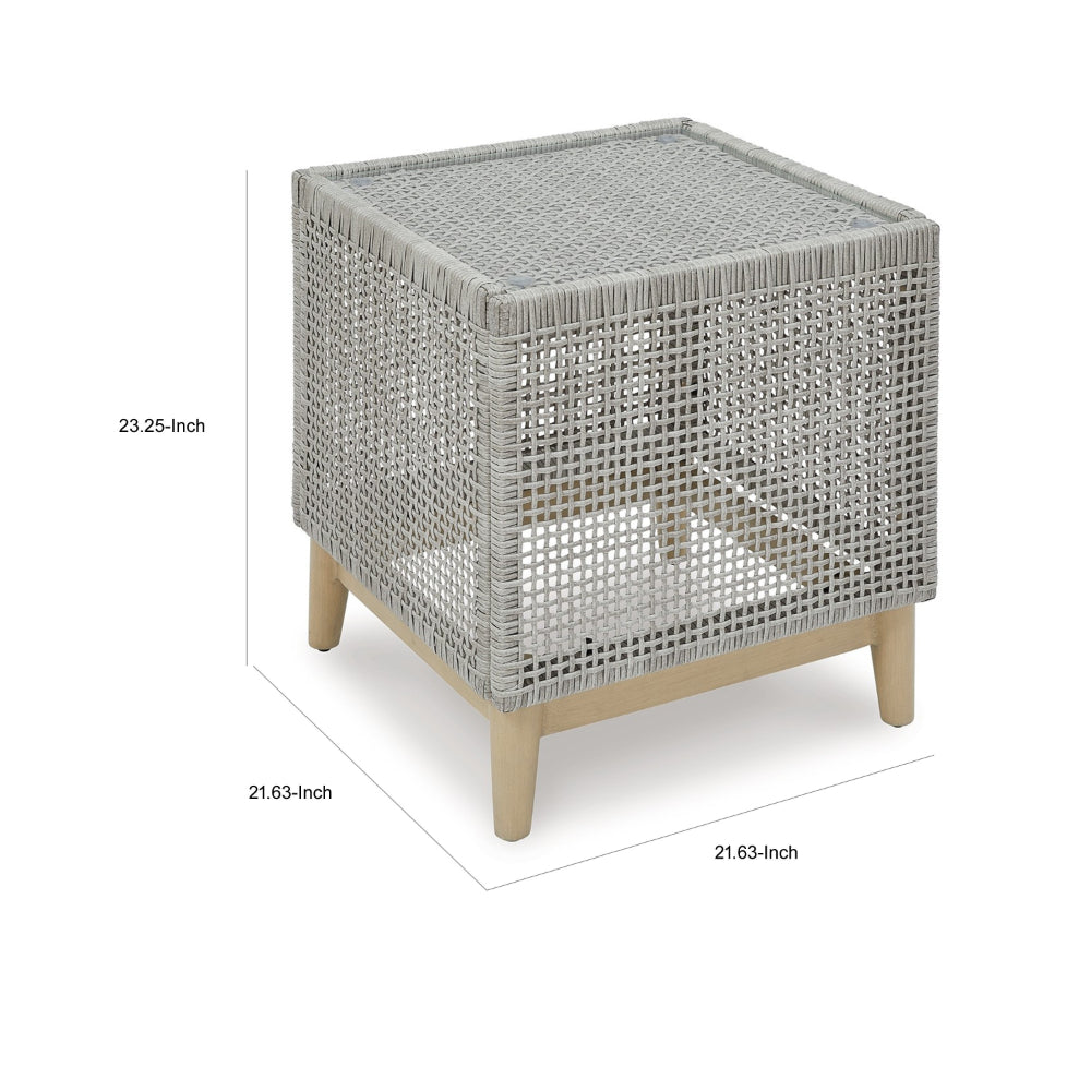 Benjara Yami 23 Inch Outdoor Side End Table, Resin Wicker, Tempered Glass Top, Gray