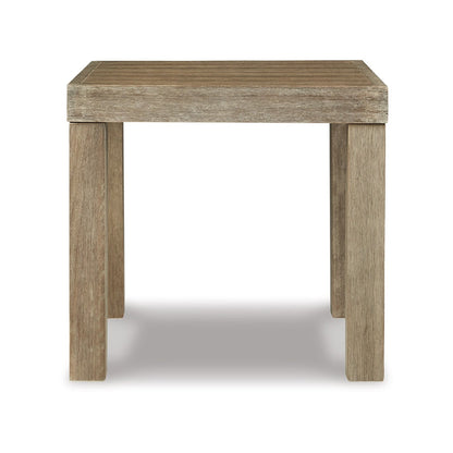 Benjara Fayi 22 Inch Outdoor End Table, Square Slatted Design, Natural Brown Finish