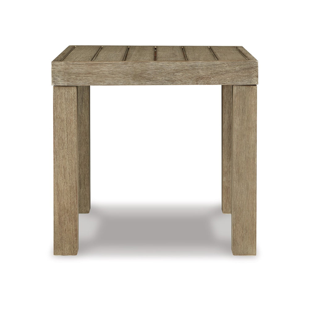 Benjara Fayi 22 Inch Outdoor End Table, Square Slatted Design, Natural Brown Finish