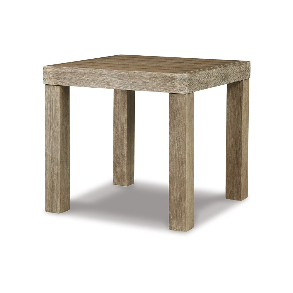 Benjara Fayi 22 Inch Outdoor End Table, Square Slatted Design, Natural Brown Finish
