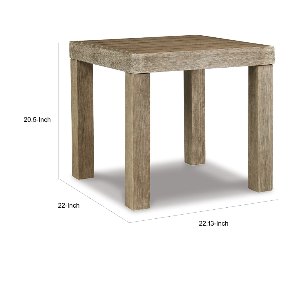 Benjara Fayi 22 Inch Outdoor End Table, Square Slatted Design, Natural Brown Finish
