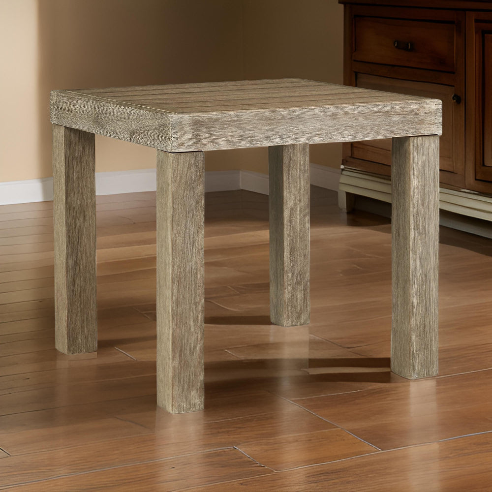 Benjara Fayi 22 Inch Outdoor End Table, Square Slatted Design, Natural Brown Finish