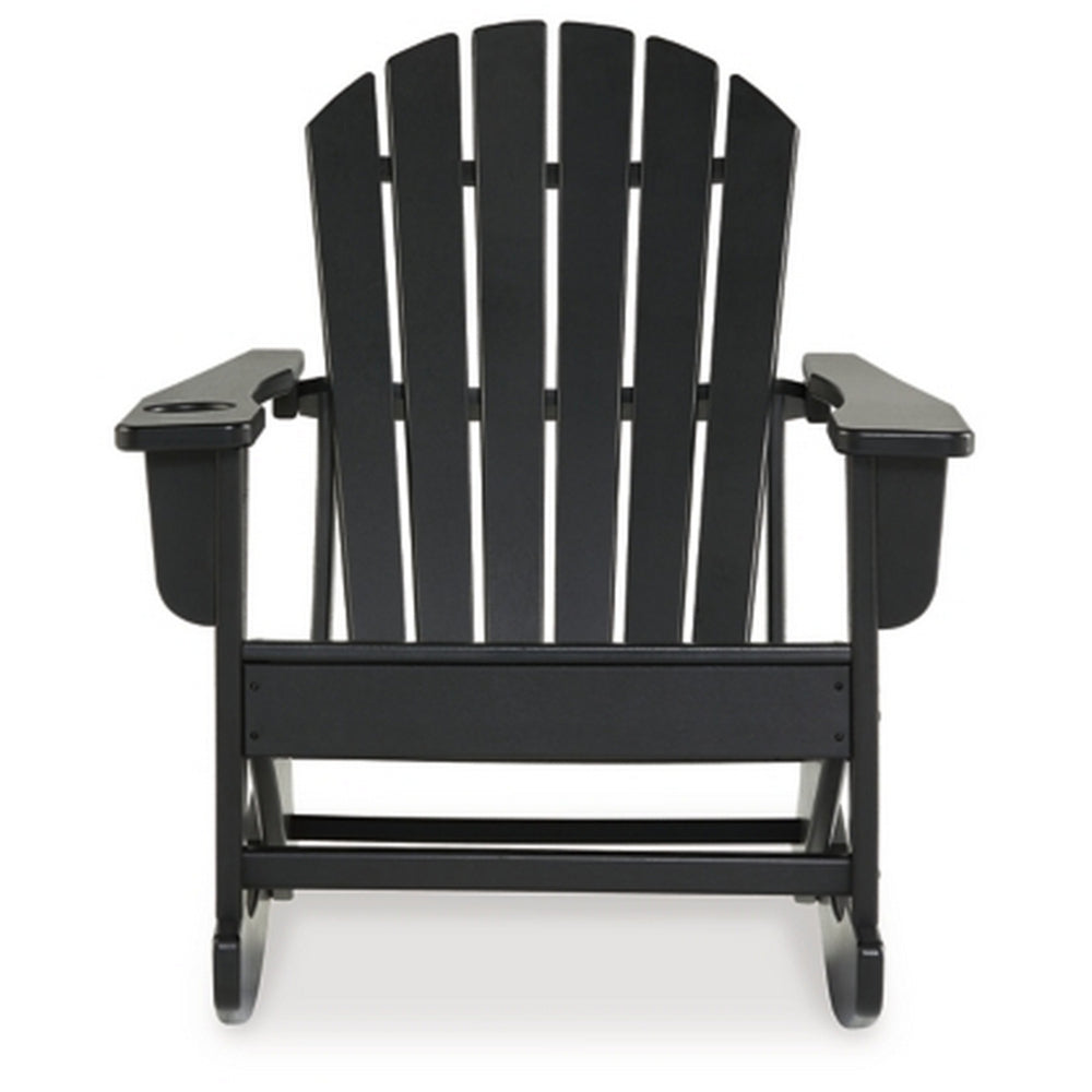 Benjara Sami 35 Inch Outdoor Rocking Chair, Slatted Design, Modern Black Finish