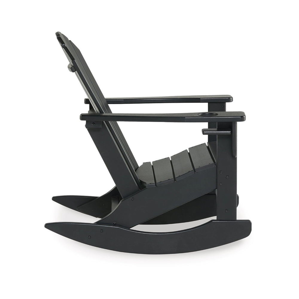 Benjara Sami 35 Inch Outdoor Rocking Chair, Slatted Design, Modern Black Finish