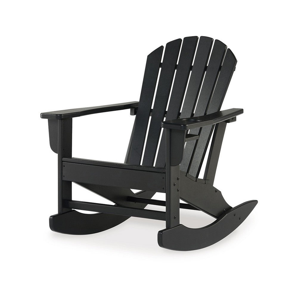 Benjara Sami 35 Inch Outdoor Rocking Chair, Slatted Design, Modern Black Finish