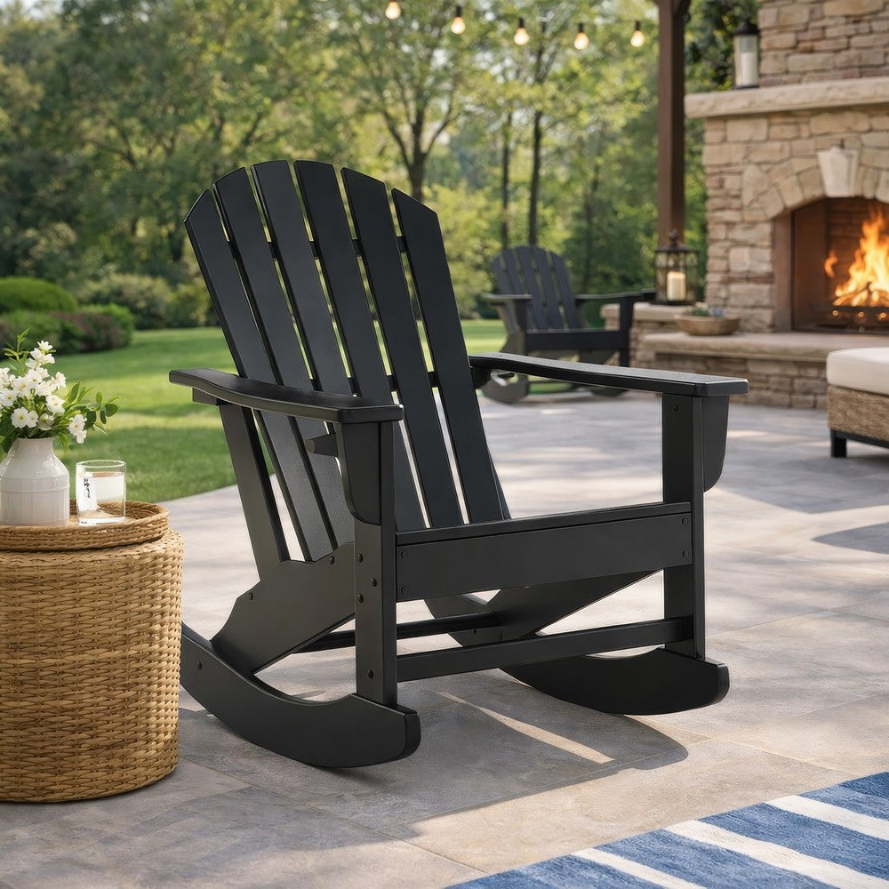 Benjara Sami 35 Inch Outdoor Rocking Chair, Slatted Design, Modern Black Finish