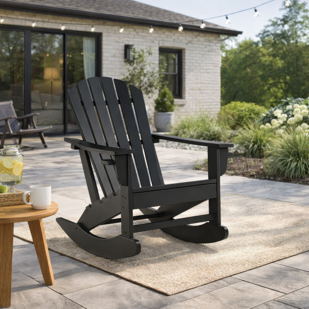 Benjara Sami 35 Inch Outdoor Rocking Chair, Slatted Design, Modern Black Finish