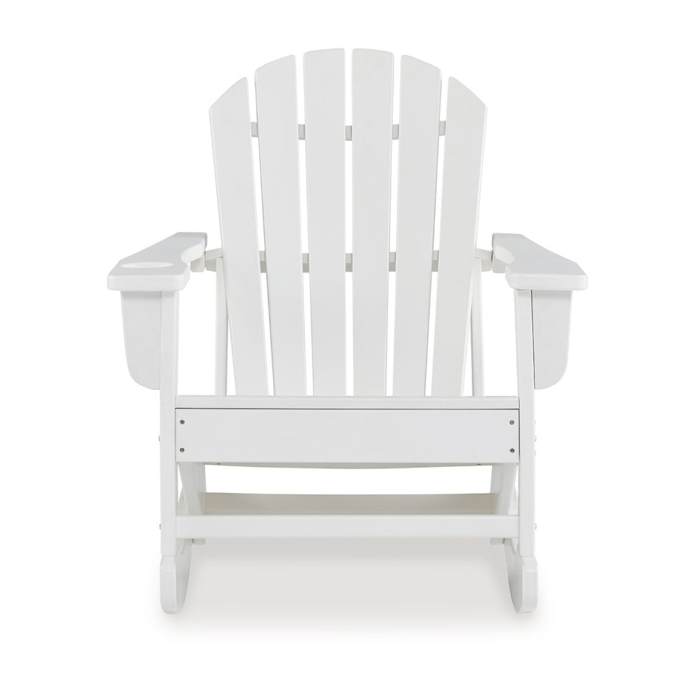 Benjara Sami 35 Inch Outdoor Rocking Chair, Slatted Design, Modern White Finish