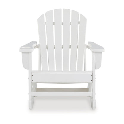 Benjara Sami 35 Inch Outdoor Rocking Chair, Slatted Design, Modern White Finish