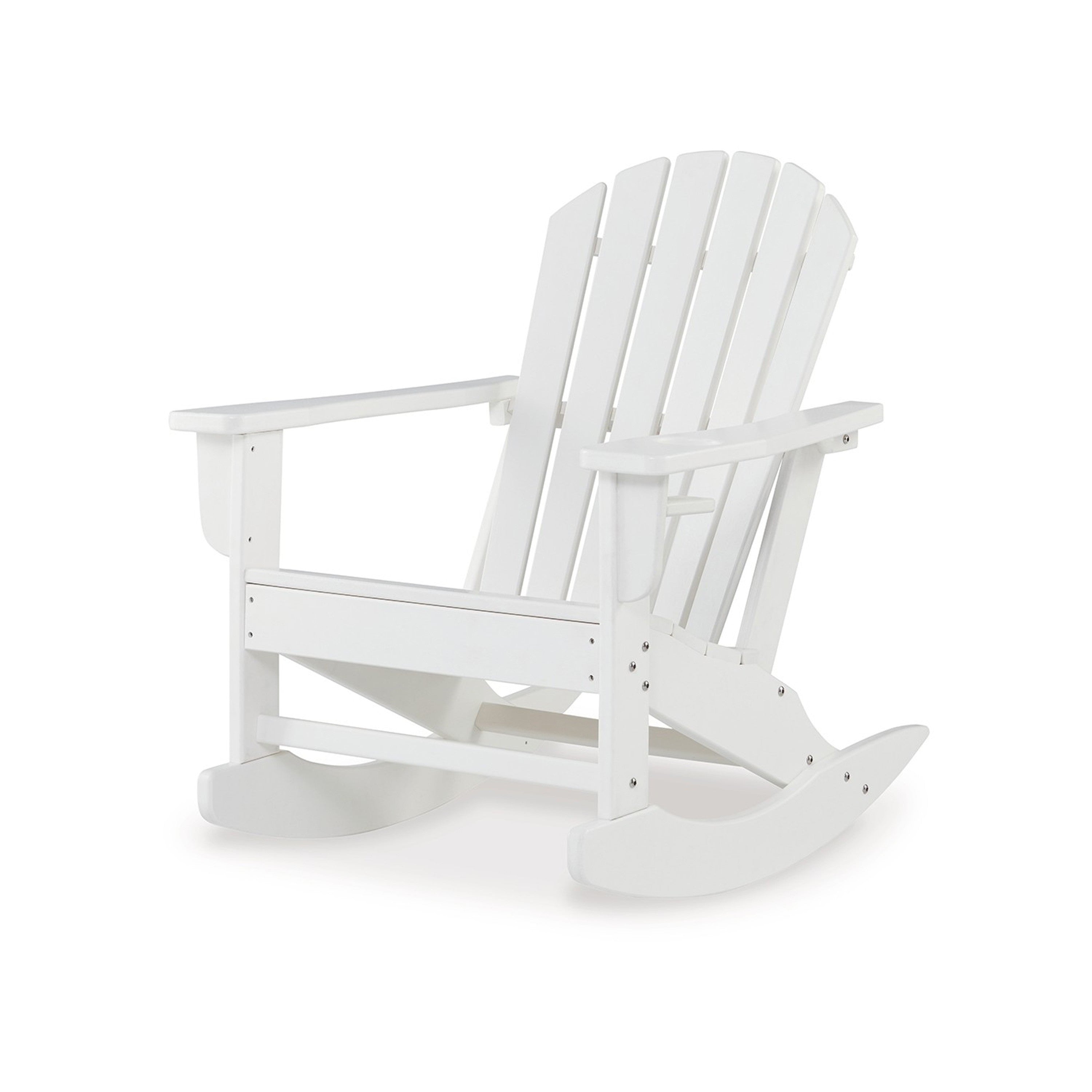 Benjara Sami 35 Inch Outdoor Rocking Chair, Slatted Design, Modern White Finish