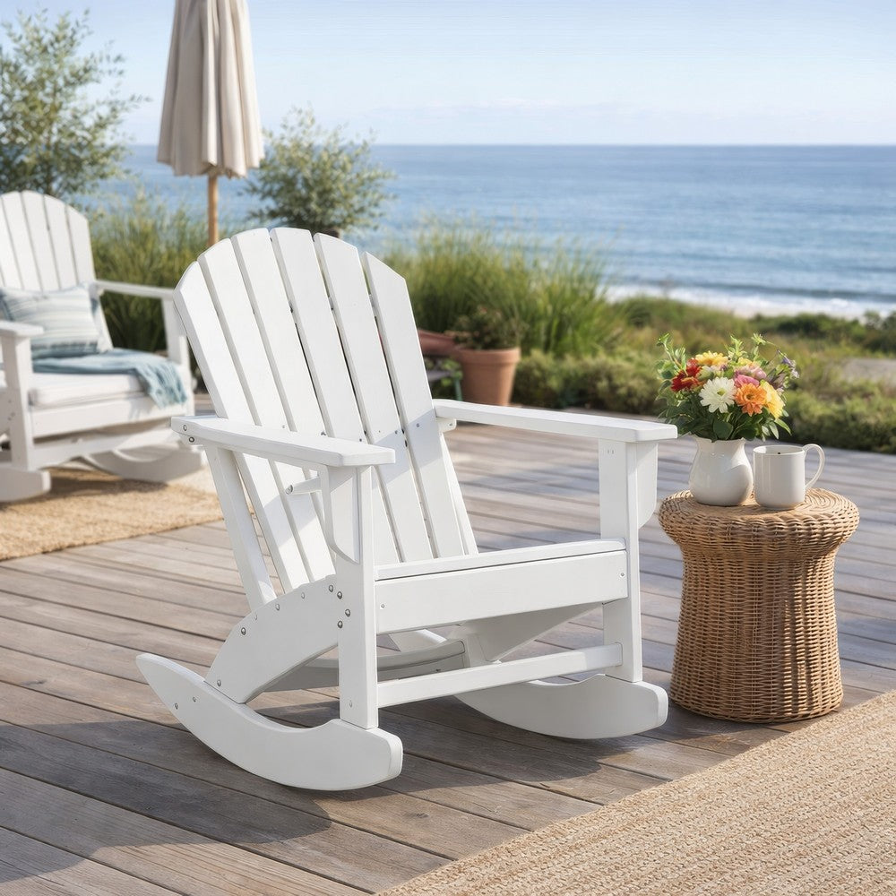 Benjara Sami 35 Inch Outdoor Rocking Chair, Slatted Design, Modern White Finish