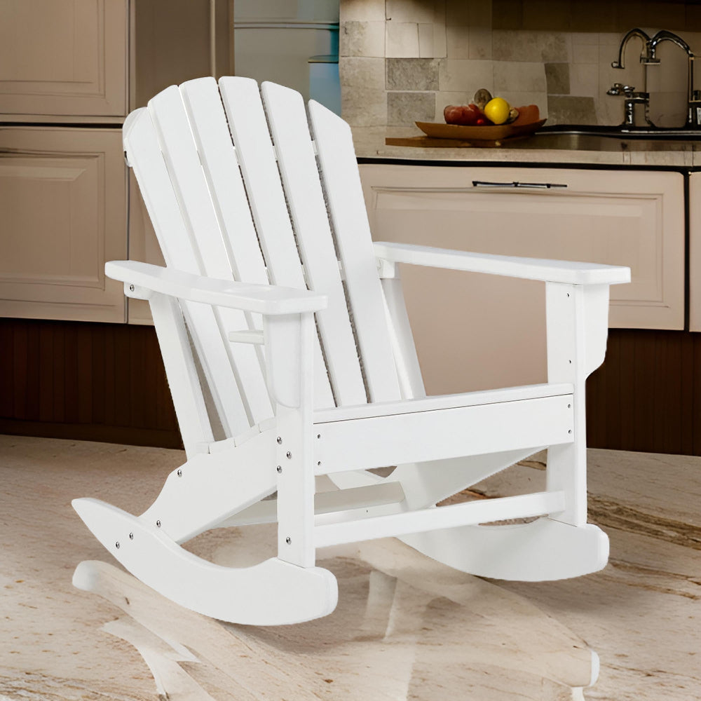 Benjara Sami 35 Inch Outdoor Rocking Chair, Slatted Design, Modern White Finish