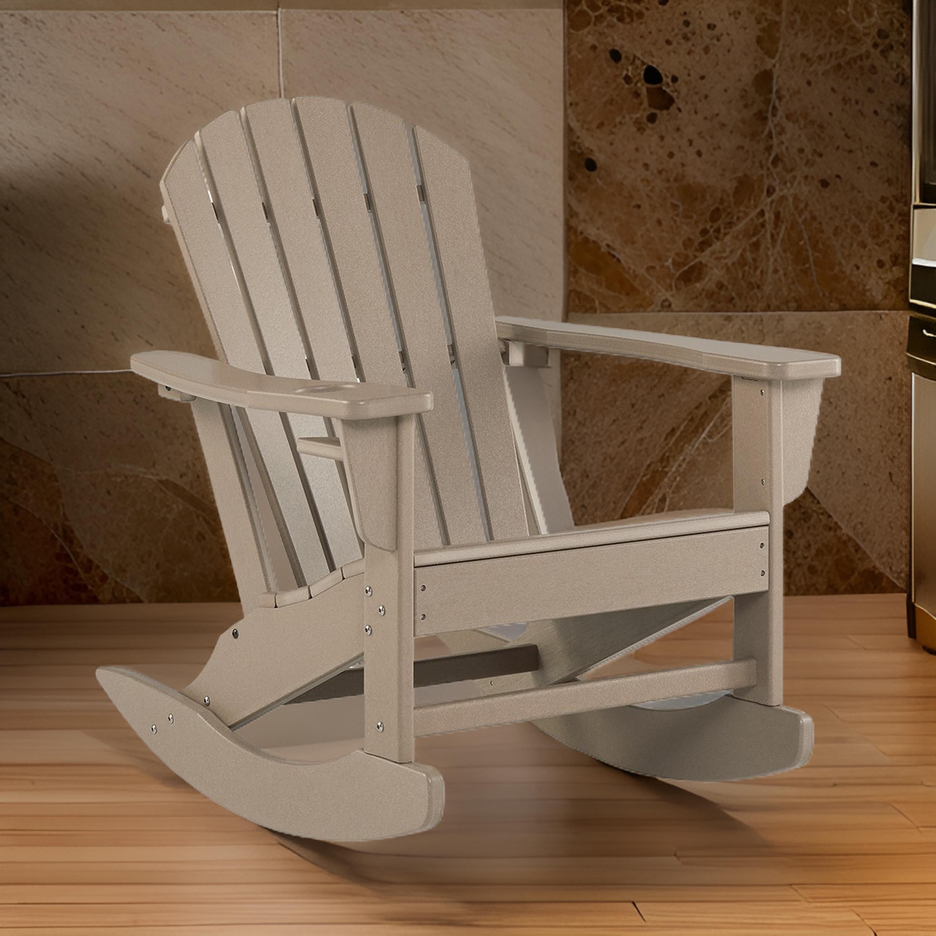 Benjara Sami 35 Inch Outdoor Rocking Chair, Slatted Design, Modern Brown Finish