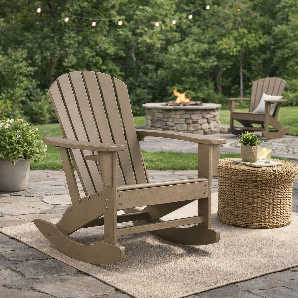 Benjara Sami 35 Inch Outdoor Rocking Chair, Slatted Design, Modern Brown Finish