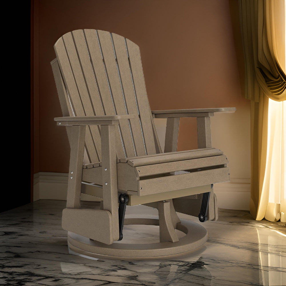 Benjara Sami 31 Inch Outdoor Swivel Glider Chair, Slatted, Adirondack, Brown Finish