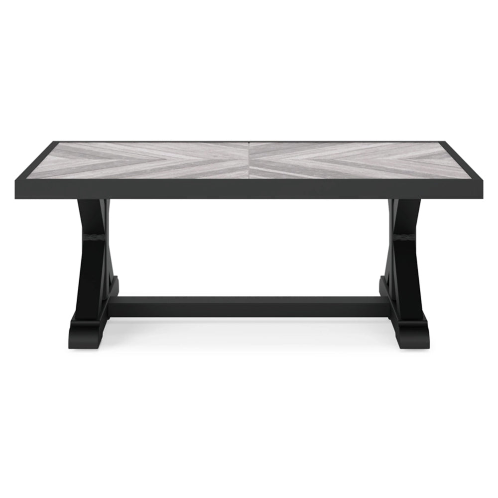 Benjara Tira 48 Inch Outdoor Coffee Table, Tile Top, Black, Light Gray Finish