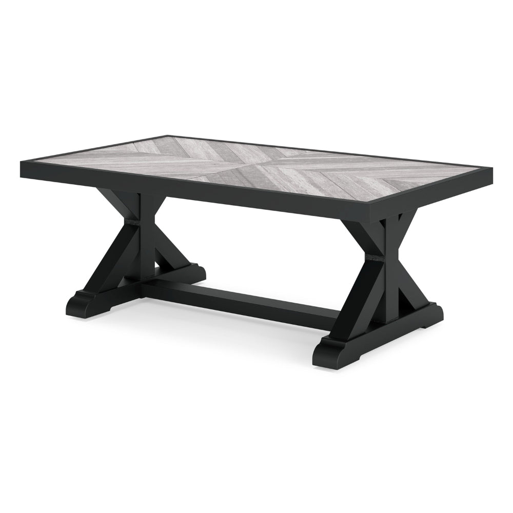 Benjara Tira 48 Inch Outdoor Coffee Table, Tile Top, Black, Light Gray Finish