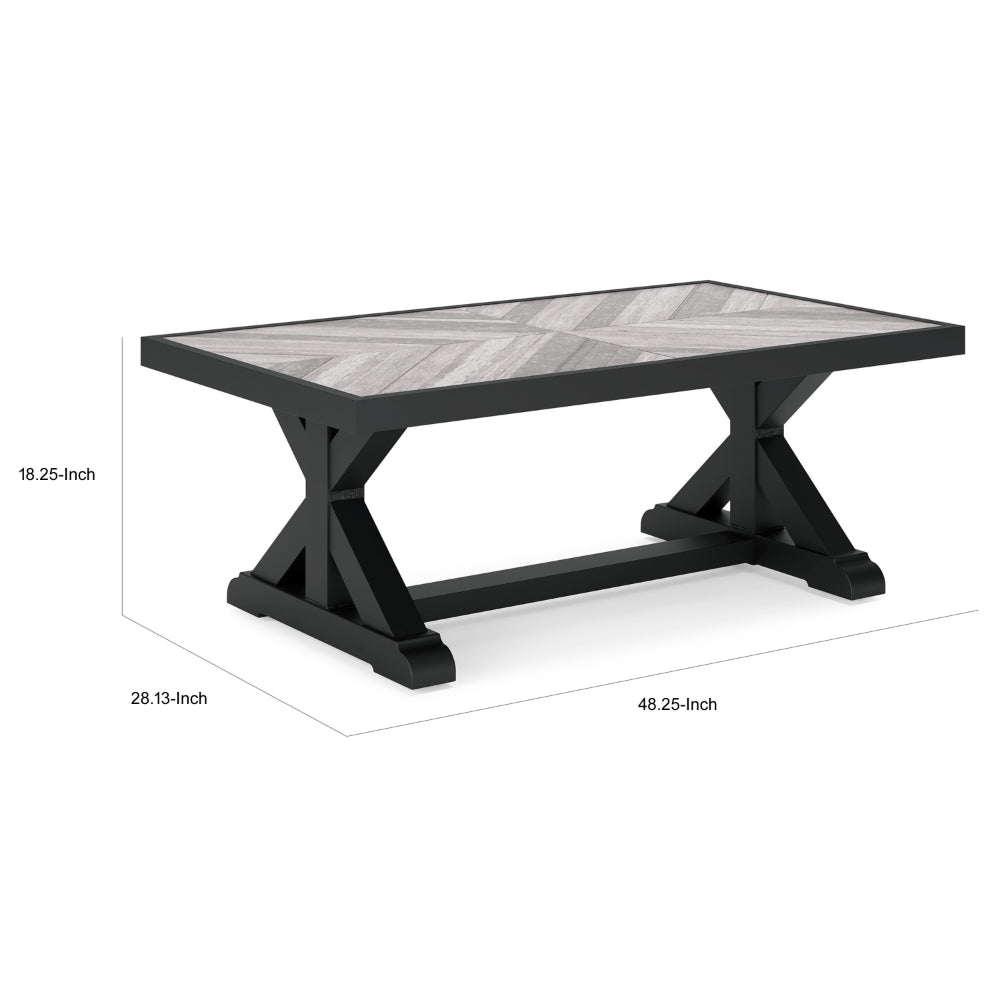 Benjara Tira 48 Inch Outdoor Coffee Table, Tile Top, Black, Light Gray Finish