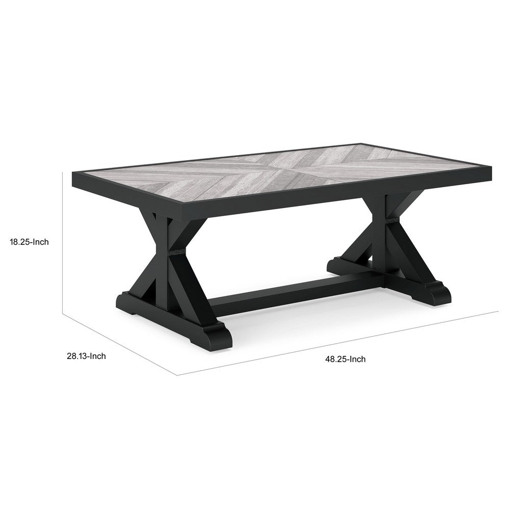 Benjara Tira 48 Inch Outdoor Coffee Table, Tile Top, Black, Light Gray Finish