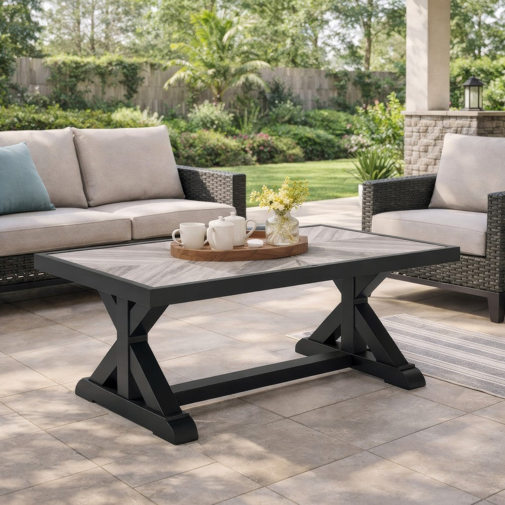 Benjara Tira 48 Inch Outdoor Coffee Table, Tile Top, Black, Light Gray Finish
