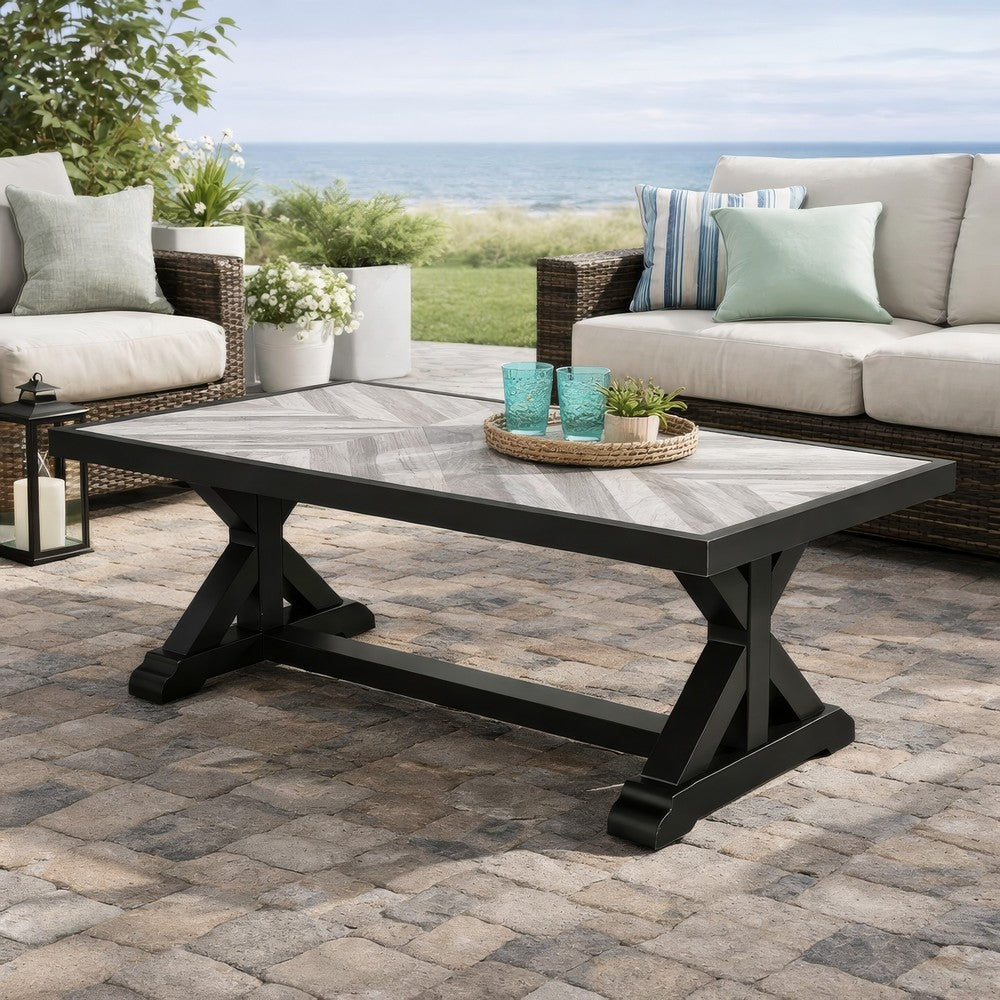Benjara Tira 48 Inch Outdoor Coffee Table, Tile Top, Black, Light Gray Finish