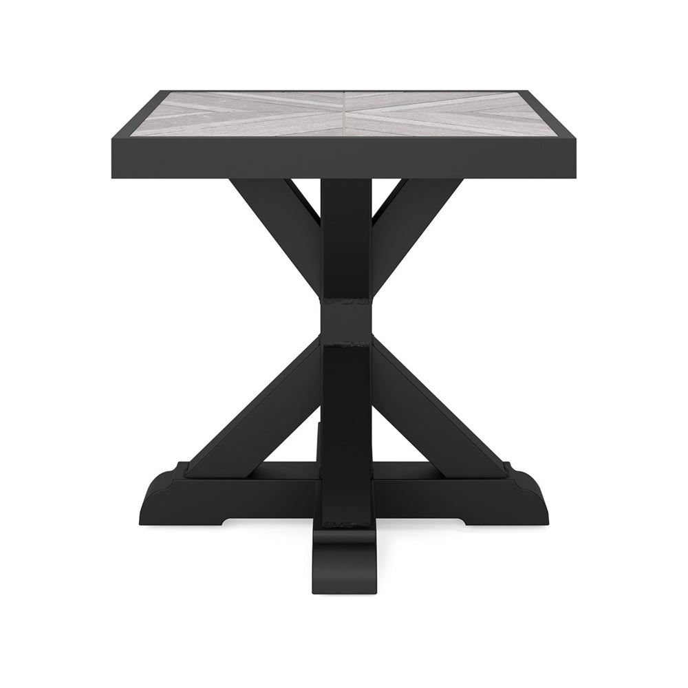 Benjara Tira 22 Inch Outdoor Side End Table, Tile Top, Black, Light Gray Finish