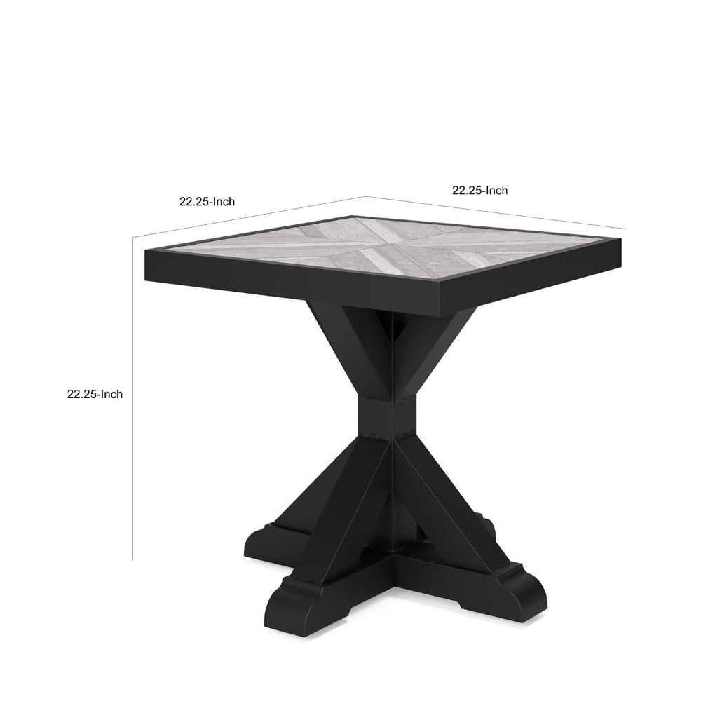 Benjara Tira 22 Inch Outdoor Side End Table, Tile Top, Black, Light Gray Finish