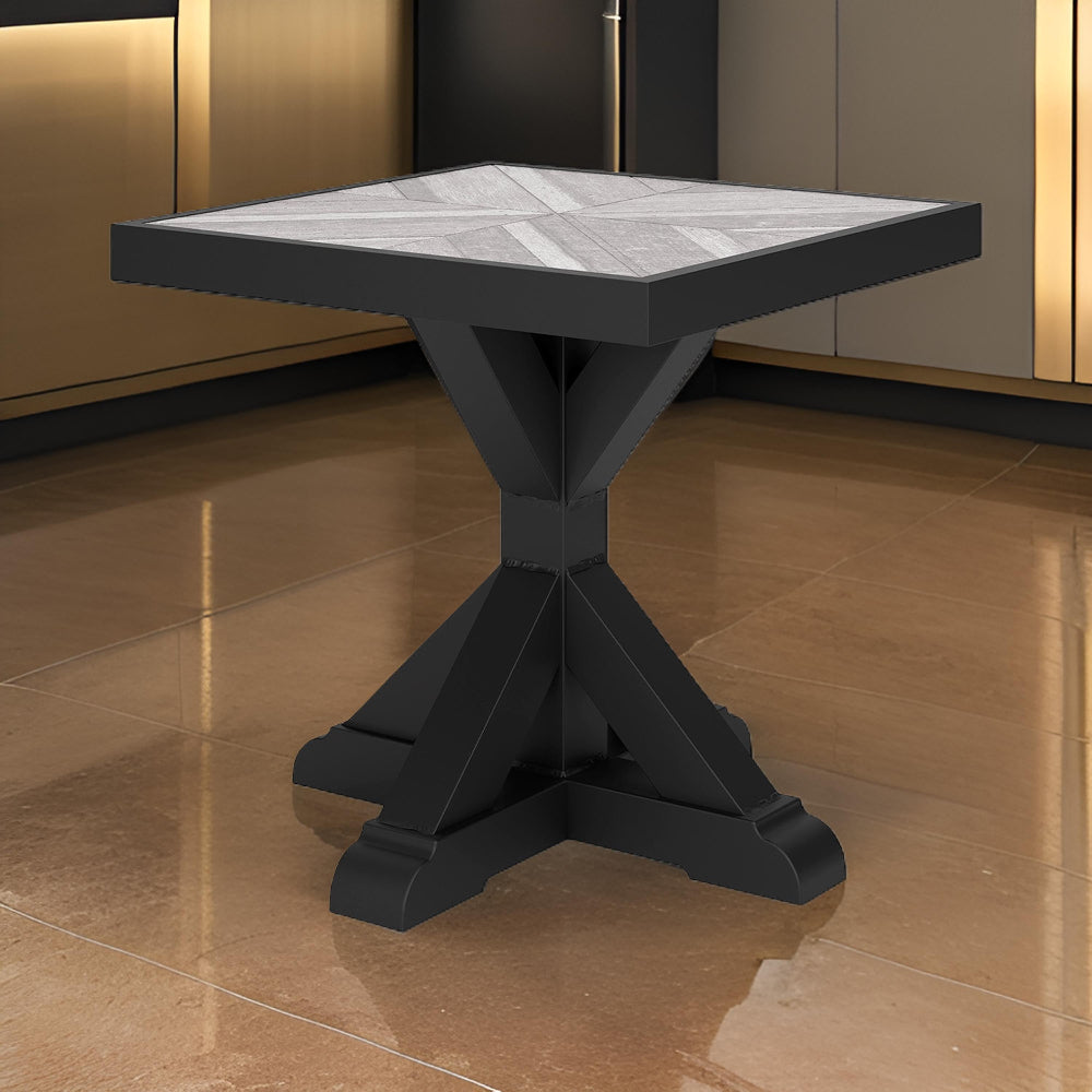 Benjara Tira 22 Inch Outdoor Side End Table, Tile Top, Black, Light Gray Finish
